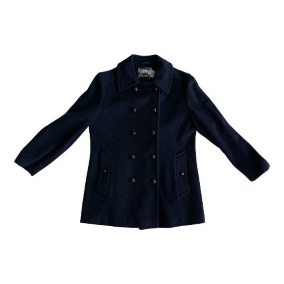VTG Mackintosh 100% Wool Navy Pea Coat Women Sz 12 Leather Wrapped Buttons - Picture 1 of 9